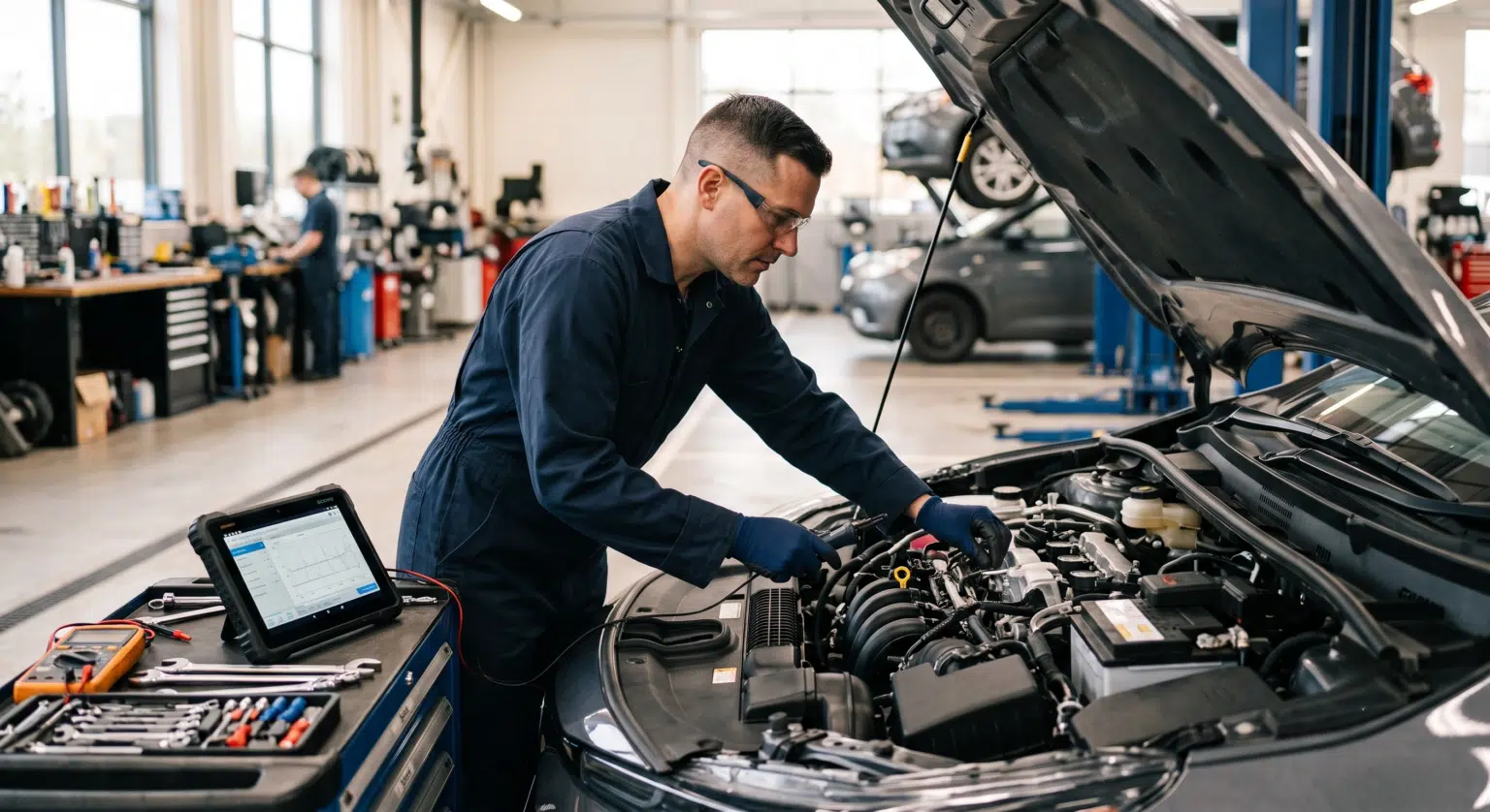 Technician running a computer diagnostic on a car inside a clean, bright auto repair shop